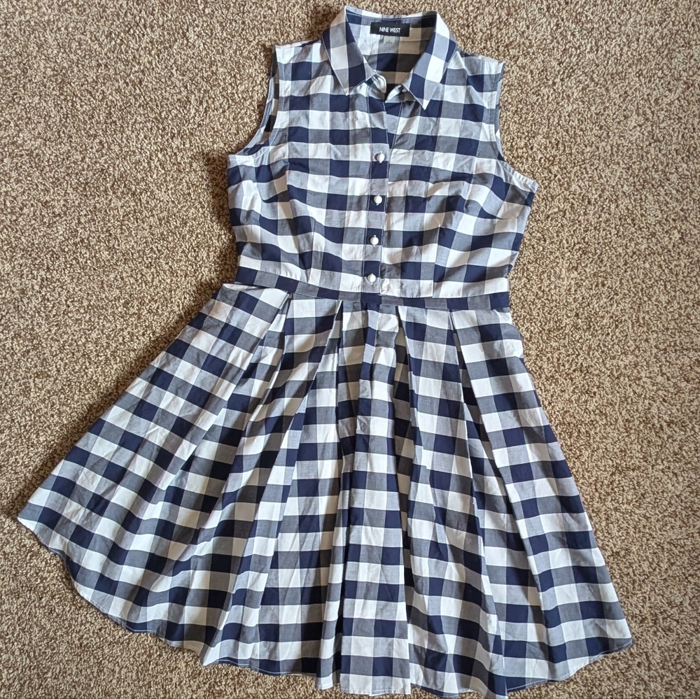 Nine West Navy and White Gingham Sleeveless Shirt Dress